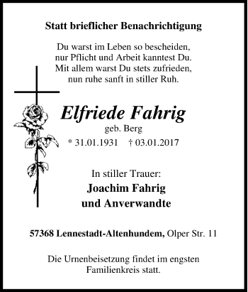 Traueranzeige von Elfriede Fahrig von Tageszeitung