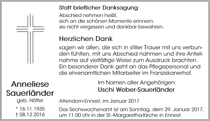  Traueranzeige für Anneliese Sauerländer vom 21.01.2017 aus Tageszeitung