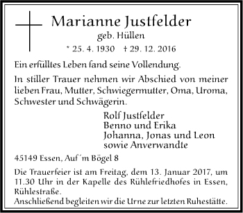 Traueranzeige von Marianne Justfelder von Tageszeitung