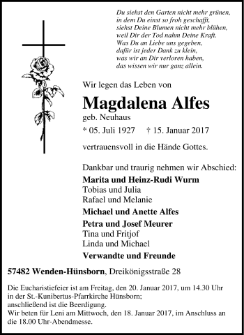 Traueranzeige von Magdalena Alfes von Tageszeitung