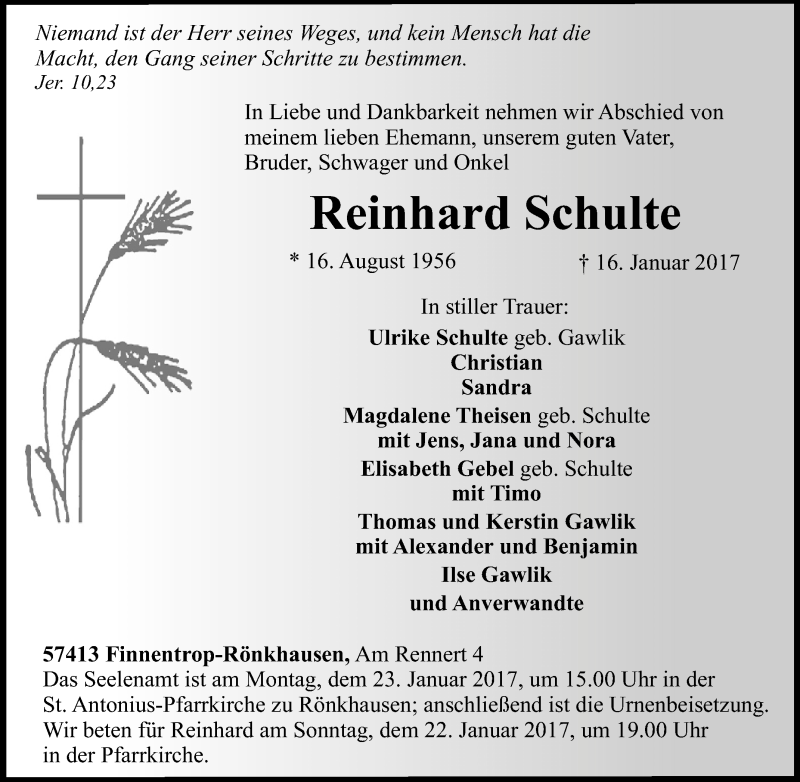  Traueranzeige für Reinhard Schulte vom 19.01.2017 aus Tageszeitung