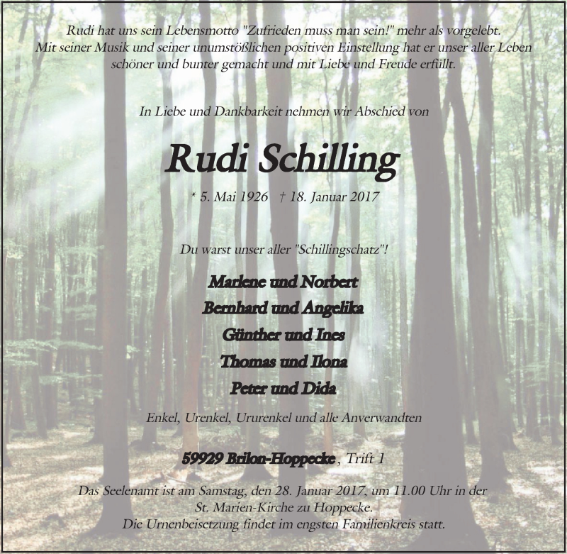  Traueranzeige für Rudi Schilling vom 24.01.2017 aus Tageszeitung
