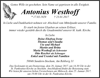 Traueranzeige von Antonius Westhoff von Tageszeitung