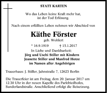 Traueranzeige von Käthe Förster von Tageszeitung