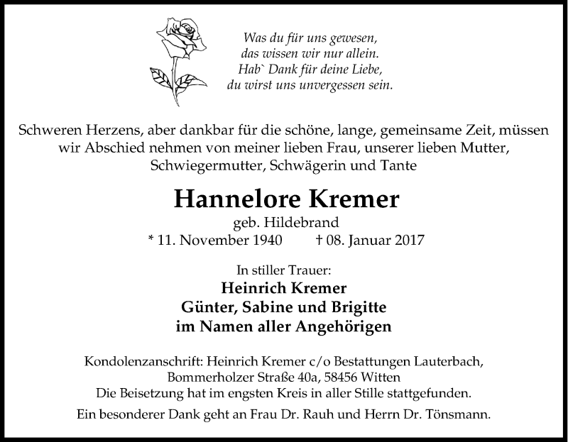  Traueranzeige für Hannelore Kremer vom 18.01.2017 aus Tageszeitung