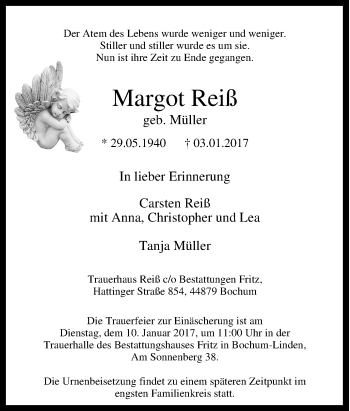 Traueranzeige von Margot Reiß von Tageszeitung