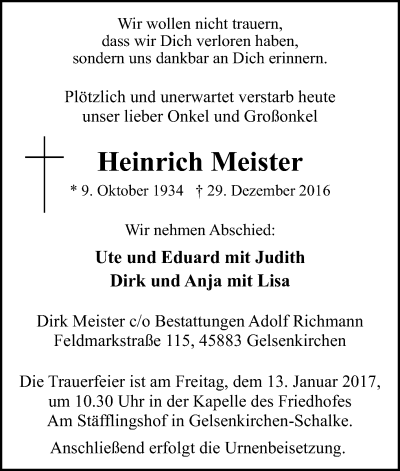  Traueranzeige für Heinrich Meister vom 07.01.2017 aus Tageszeitung