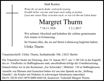 Traueranzeige von Margret Thurm von Tageszeitung