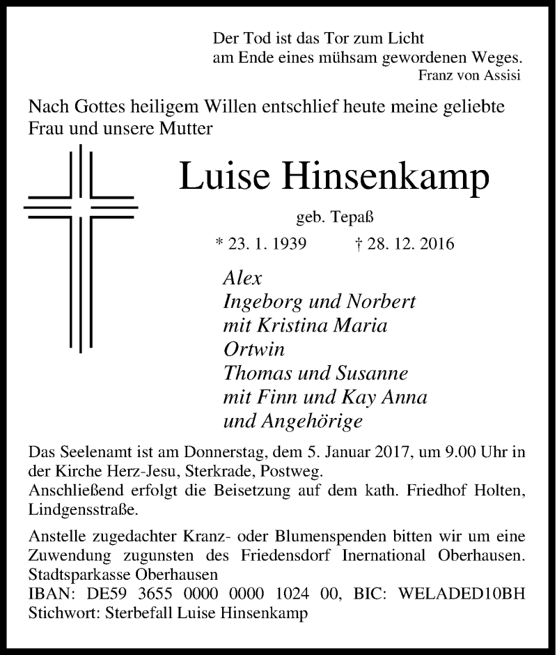  Traueranzeige für Luise Hinsenkamp vom 02.01.2017 aus Tageszeitung