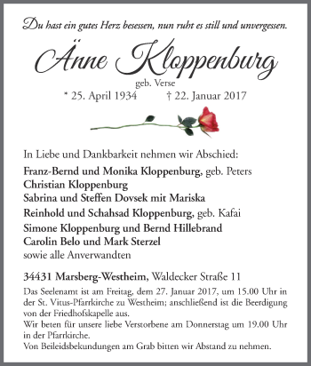 Traueranzeige von Änne Kloppenburg von Tageszeitung