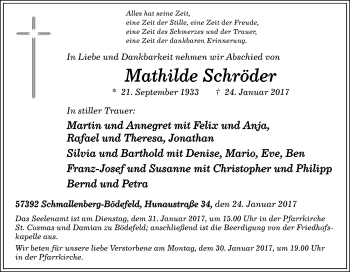 Traueranzeige von Mathilde Schröder von Tageszeitung