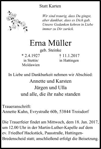 Traueranzeige von Erna Müller von Tageszeitung