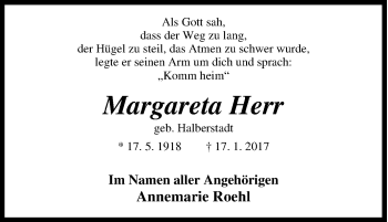 Traueranzeige von Margareta Herr von Tageszeitung