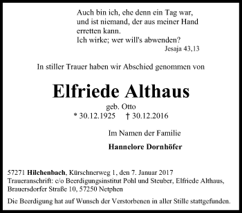 Traueranzeige von Elfriede Althaus von Tageszeitung