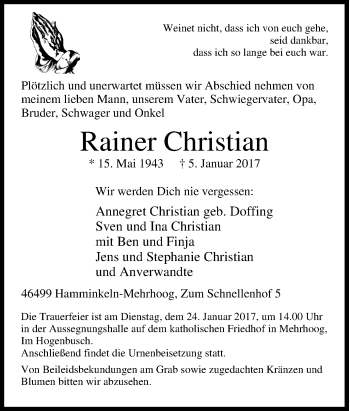 Traueranzeige von Rainer Christian von Tageszeitung