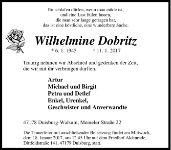 Traueranzeige von Wilhelmine Dobritz von Tageszeitung