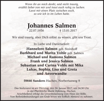 Traueranzeige von Johannes Salmen von Tageszeitung