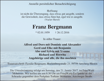 Traueranzeige von Franz Bergmann von Tageszeitung