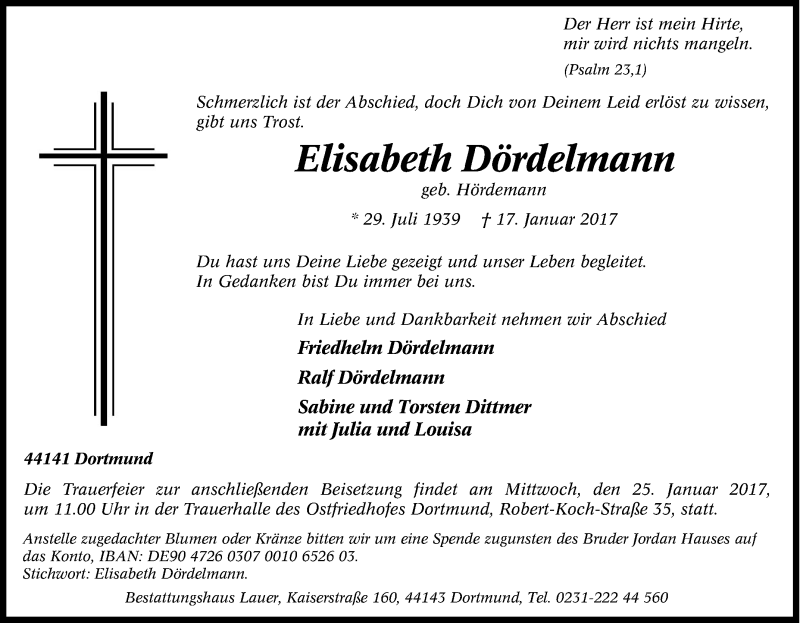  Traueranzeige für Elisabeth Dördelmann vom 21.01.2017 aus Tageszeitung