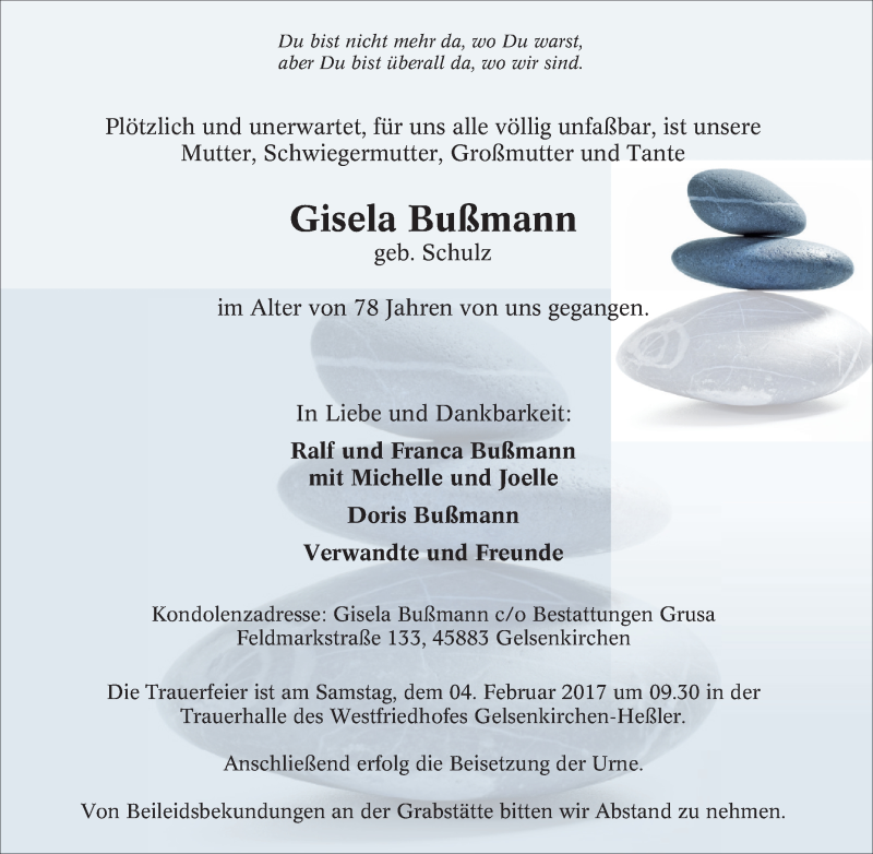  Traueranzeige für Gisela Bußmann vom 28.01.2017 aus Tageszeitung