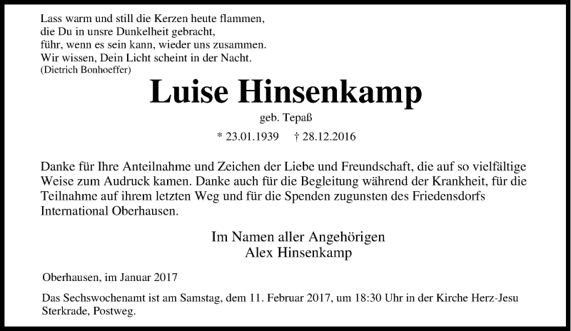  Traueranzeige für Luise Hinsenkamp vom 28.01.2017 aus Tageszeitung
