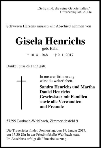 Traueranzeige von Gisela Henrichs von Tageszeitung