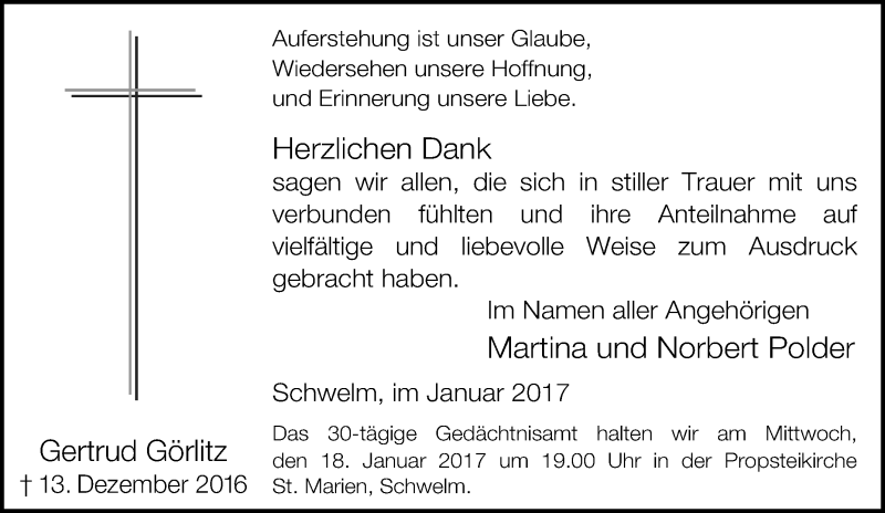  Traueranzeige für Gertrud Görlitz vom 14.01.2017 aus Tageszeitung
