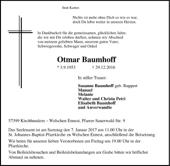 Traueranzeige von Otmar Baumhoff von Tageszeitung