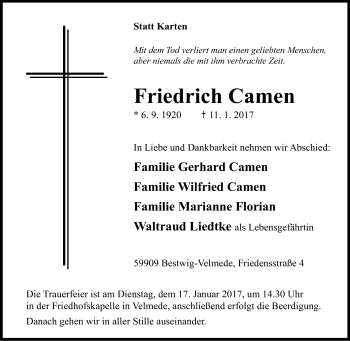 Traueranzeige von Friedrich Camen von Tageszeitung