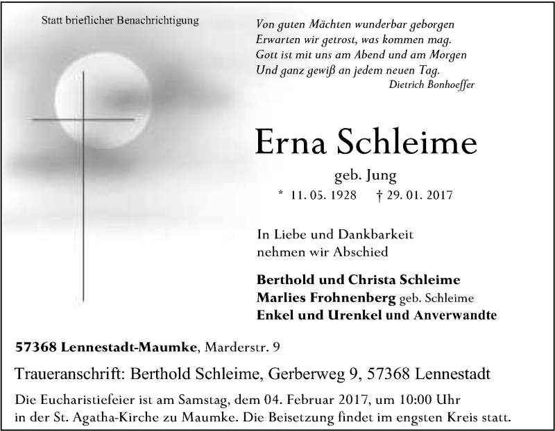  Traueranzeige für Erna Schleime vom 31.01.2017 aus Tageszeitung