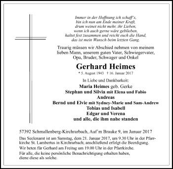 Traueranzeige von Gerhard Heimes von Tageszeitung