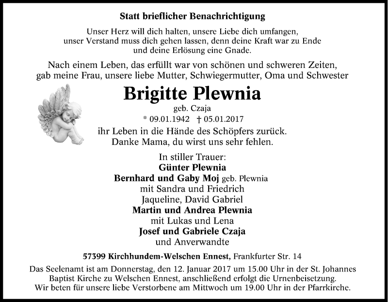  Traueranzeige für Brigitte Plewnia vom 07.01.2017 aus Tageszeitung