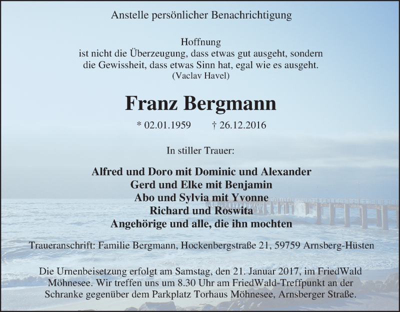  Traueranzeige für Franz Bergmann vom 07.01.2017 aus Tageszeitung