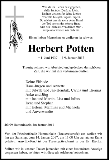 Traueranzeige von Herbert Potten von Tageszeitung