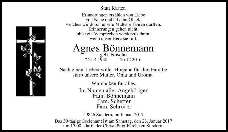  Traueranzeige für Agnes Bönnemann vom 24.01.2017 aus Tageszeitung