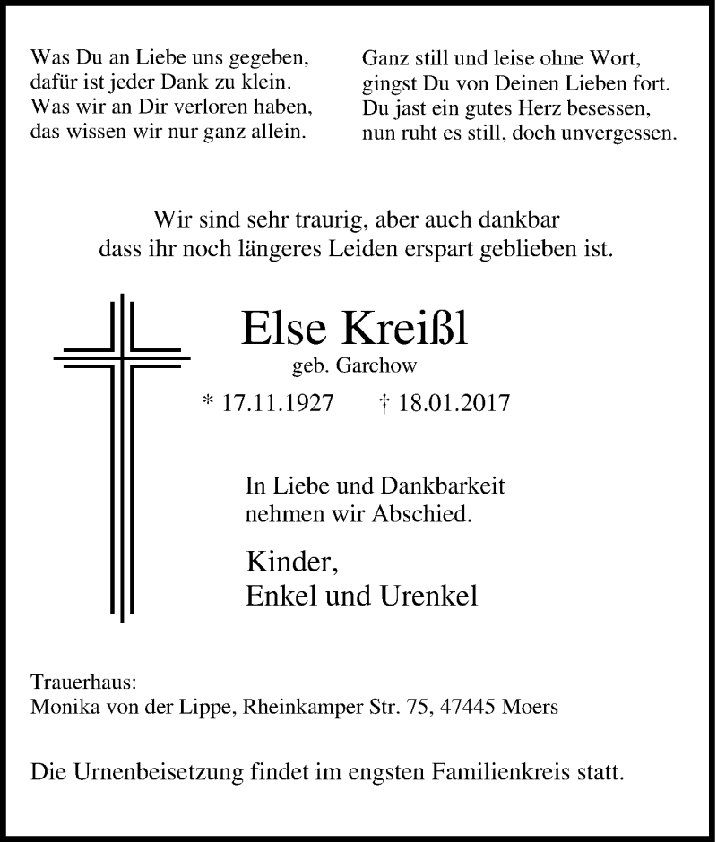  Traueranzeige für Else Kreißl vom 21.01.2017 aus Tageszeitung