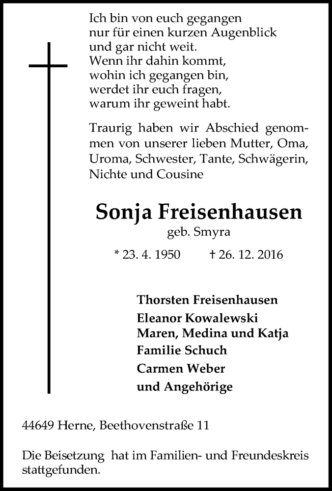  Traueranzeige für Sonja Freisenhausen vom 18.01.2017 aus Tageszeitung