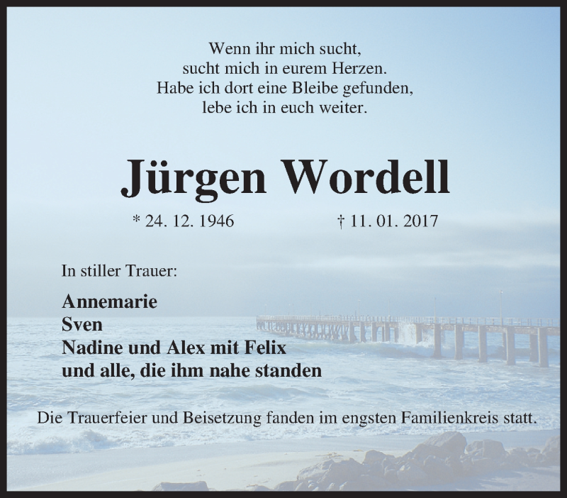  Traueranzeige für Jürgen Wordell vom 28.01.2017 aus Tageszeitung