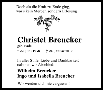Traueranzeige von Christel Breucker von Tageszeitung