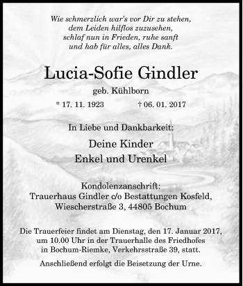 Traueranzeige von Lucia-Sofie Gindler von Tageszeitung