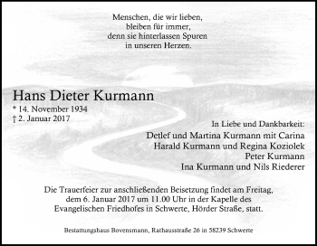 Traueranzeige von Hans Dieter Kurmann von Tageszeitung