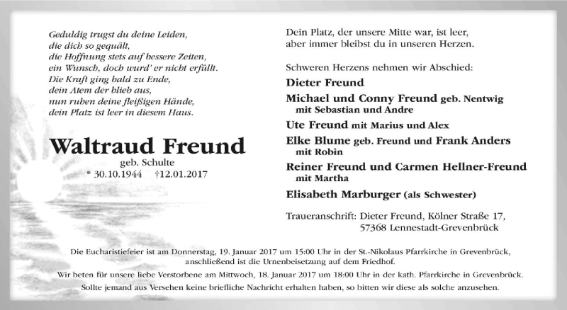  Traueranzeige für Waltraud Freund vom 16.01.2017 aus Tageszeitung