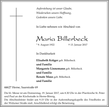 Traueranzeige von Maria Billerbeck von Tageszeitung