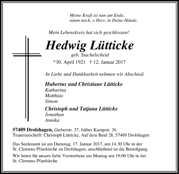 Traueranzeige von Hedwig Lütticke von Tageszeitung