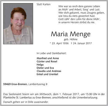 Traueranzeige von Maria Menge von Tageszeitung
