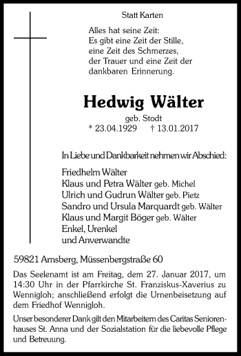 Traueranzeige von Hedwig Wälter von Tageszeitung