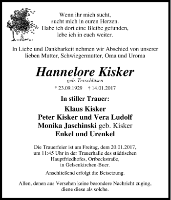 Traueranzeige von Hannelore Kisker von Tageszeitung
