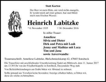 Traueranzeige von Heinrich Labitzke von Tageszeitung