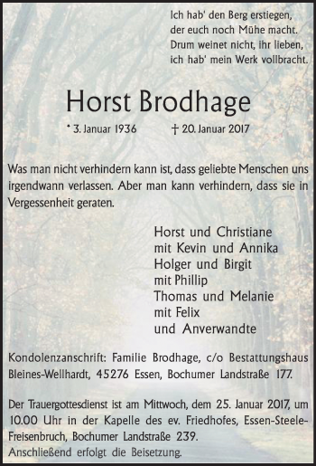 Traueranzeige von Horst Brodhage von Tageszeitung