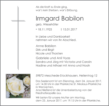 Traueranzeige von Irmgard Babilon von Tageszeitung